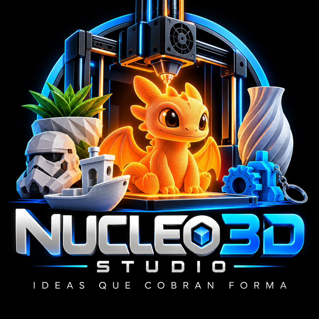 Nucleo 3D Studio. Ideas que cobran forma: una impresora 3D creando un dragón, rodeada de figuras y objetos de diseño.