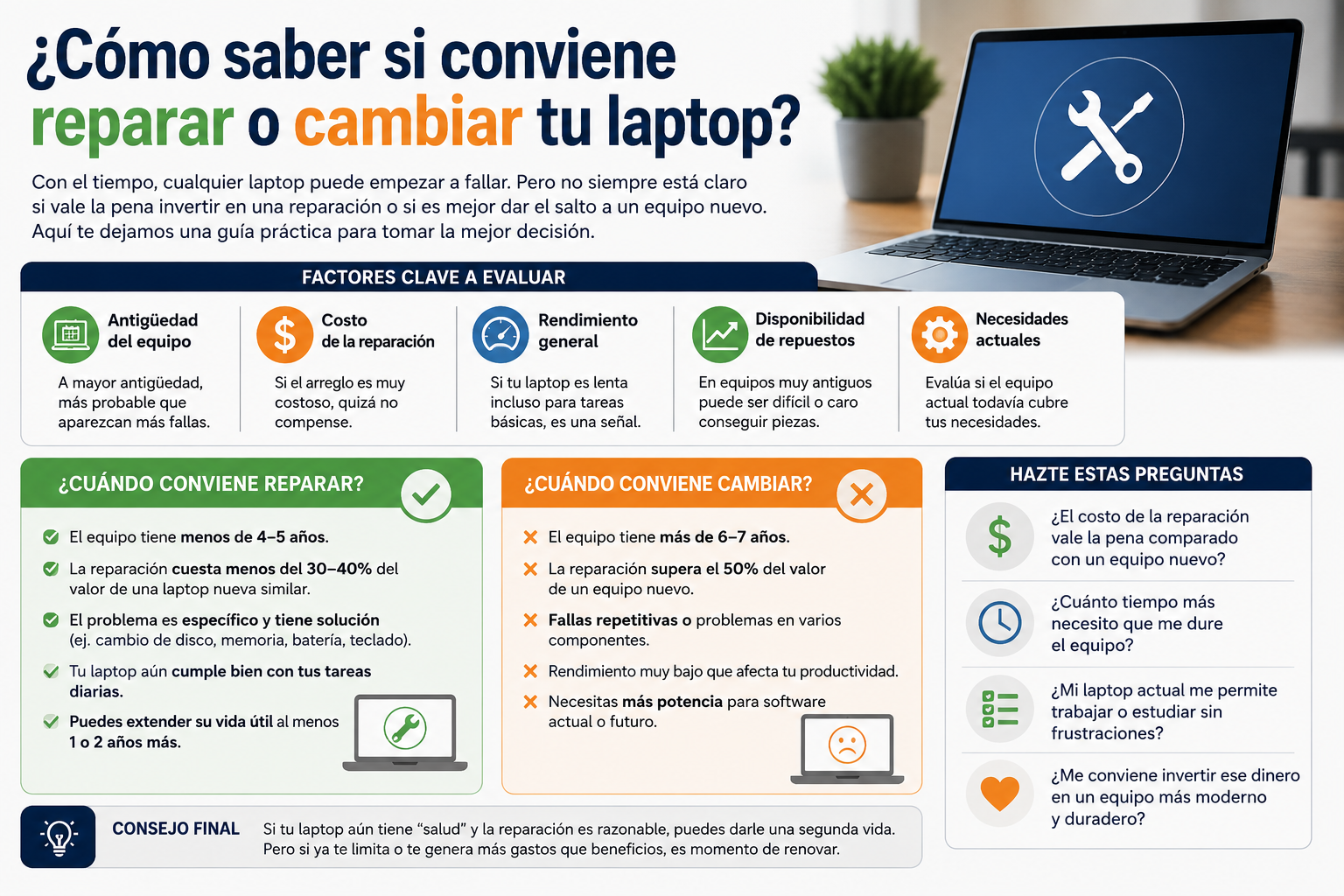 ¿Cómo saber si conviene reparar o cambiar tu laptop?